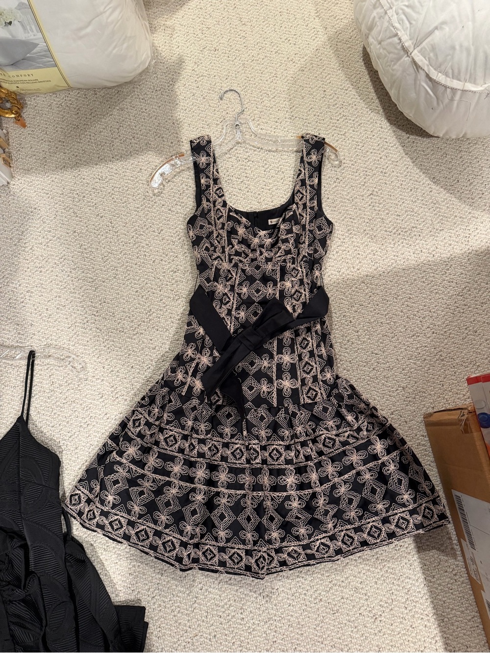 Nanette Lepore Black Dress with Beige Geometric Print and Waist Tie